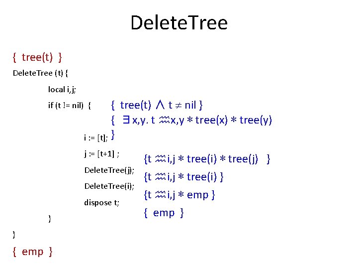 Delete. Tree { tree(t) } Delete. Tree (t) { local i, j; { tree(t)