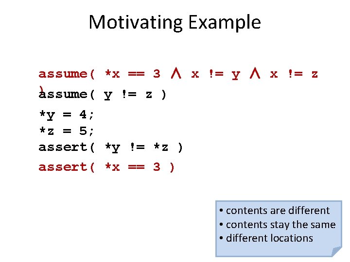 Motivating Example assume( ) assume( *y = 4; *z = 5; assert( *x ==