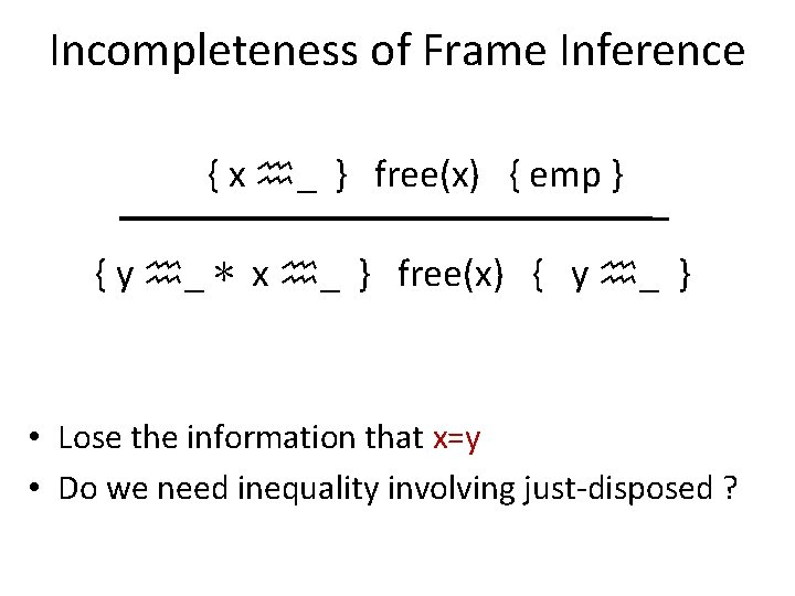 Incompleteness of Frame Inference { x _ } free(x) { emp } { y