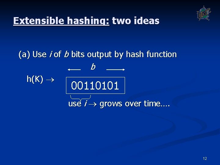 Extensible hashing: two ideas (a) Use i of b bits output by hash function