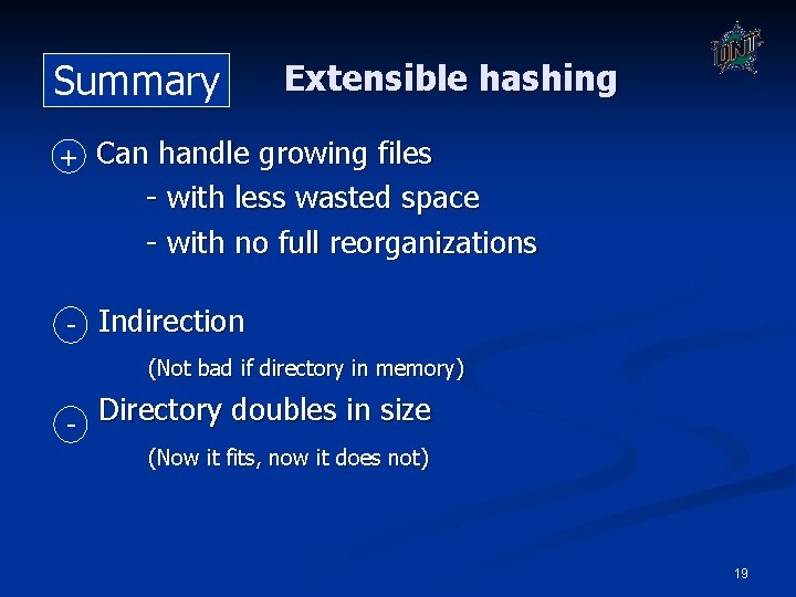 Summary Extensible hashing + Can handle growing files - with less wasted space -