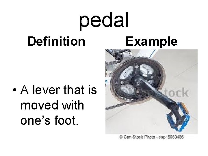 pedal Definition • A lever that is moved with one’s foot. Example 