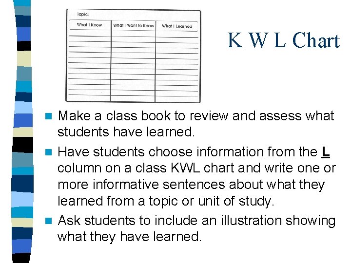 K W L Chart Make a class book to review and assess what students