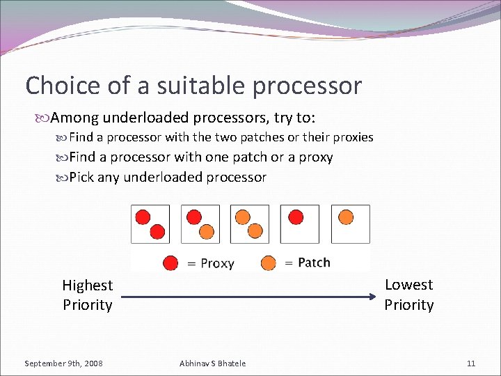 Choice of a suitable processor Among underloaded processors, try to: Find a processor with