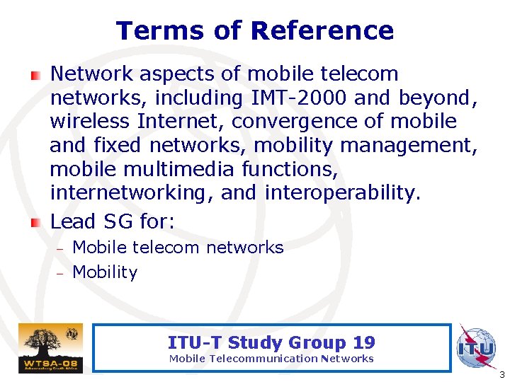 Terms of Reference Network aspects of mobile telecom networks, including IMT-2000 and beyond, wireless