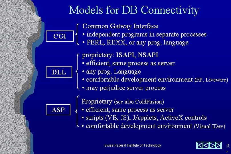 Connectivity: CGI, DLL, ASP Details Models for DB Connectivity CGI Common Gatway Interface •