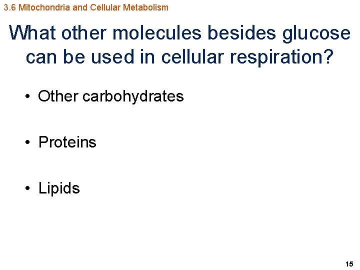 3. 6 Mitochondria and Cellular Metabolism What other molecules besides glucose can be used