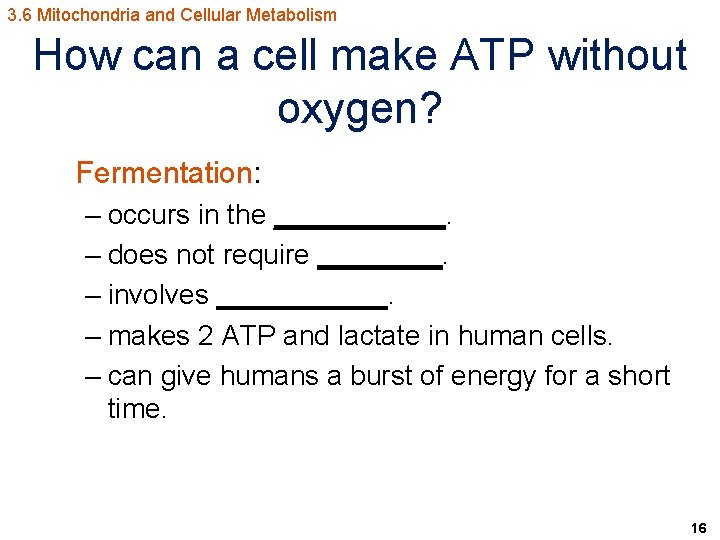 3. 6 Mitochondria and Cellular Metabolism How can a cell make ATP without oxygen?