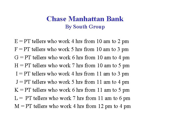 Chase Manhattan Bank By South Group E = PT tellers who work 4 hrs