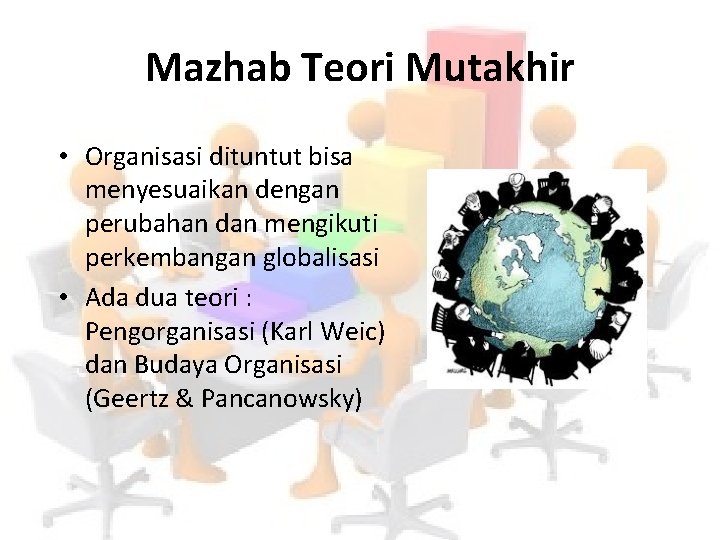 Mazhab Teori Mutakhir • Organisasi dituntut bisa menyesuaikan dengan perubahan dan mengikuti perkembangan globalisasi
