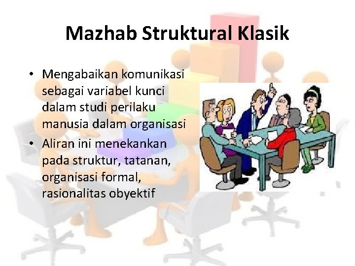 Mazhab Struktural Klasik • Mengabaikan komunikasi sebagai variabel kunci dalam studi perilaku manusia dalam