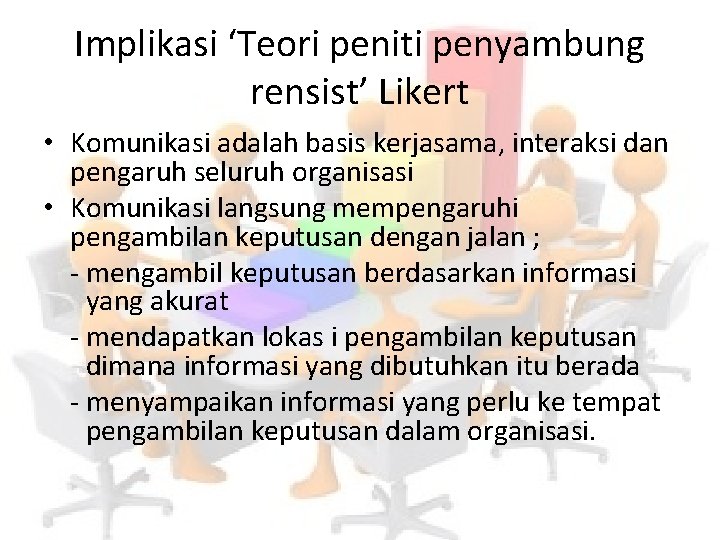 Implikasi ‘Teori peniti penyambung rensist’ Likert • Komunikasi adalah basis kerjasama, interaksi dan pengaruh