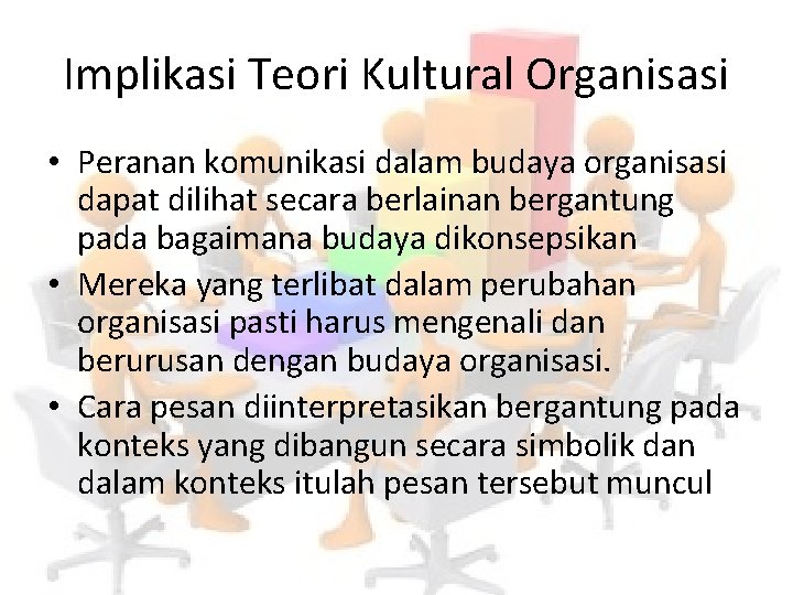 Implikasi Teori Kultural Organisasi • Peranan komunikasi dalam budaya organisasi dapat dilihat secara berlainan