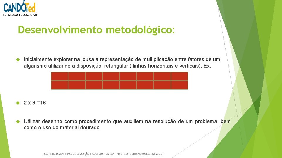 TECNOLOGIA EDUCACIONAL Desenvolvimento metodológico: Inicialmente explorar na lousa a representação de multiplicação entre fatores