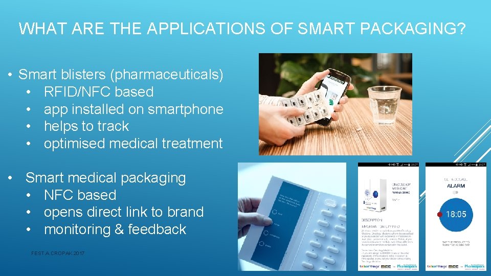 WHAT ARE THE APPLICATIONS OF SMART PACKAGING? • Smart blisters (pharmaceuticals) • RFID/NFC based