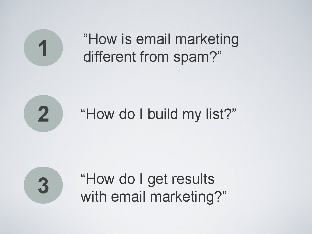 1 “How is email marketing different from spam? ” 2 “How do I build