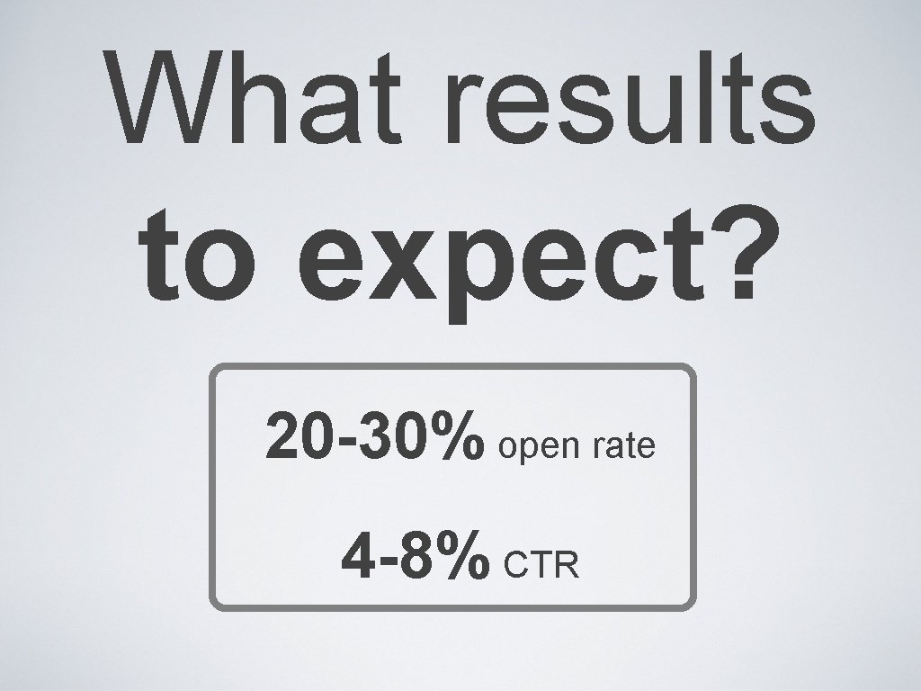 What results to expect? 20 -30% open rate 4 -8% CTR 