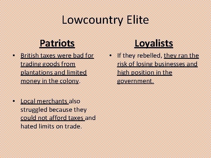 Lowcountry Elite Patriots • British taxes were bad for trading goods from plantations and