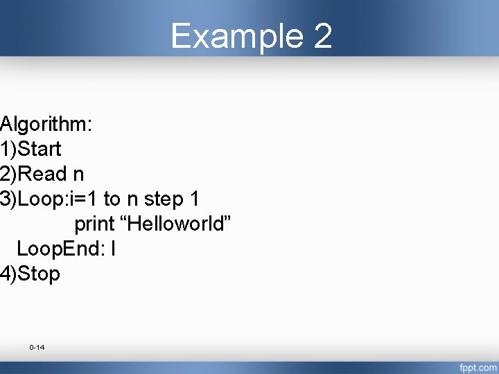 Example 2 Algorithm: 1)Start 2)Read n 3)Loop: i=1 to n step 1 print “Helloworld”