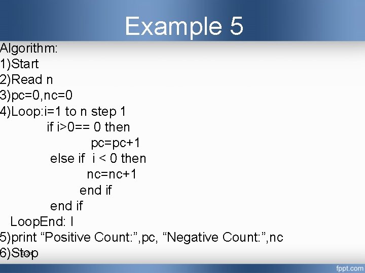 Example 5 Algorithm: 1)Start 2)Read n 3)pc=0, nc=0 4)Loop: i=1 to n step 1