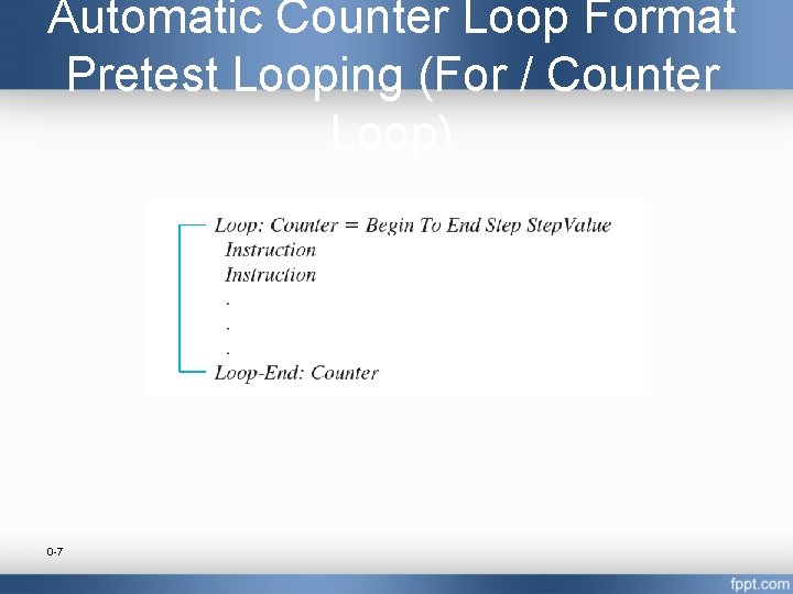 Automatic Counter Loop Format Pretest Looping (For / Counter Loop) 0 -7 