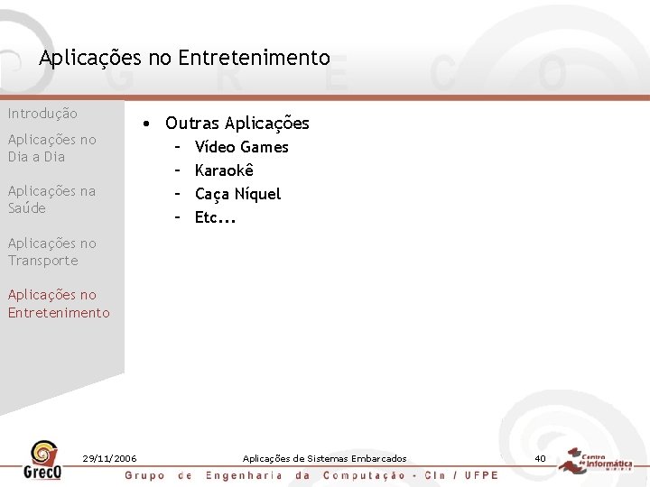 Aplicações no Entretenimento Introdução Aplicações no Dia a Dia Aplicações na Saúde • Outras