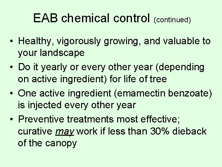 EAB chemical control (continued) • Healthy, vigorously growing, and valuable to your landscape •