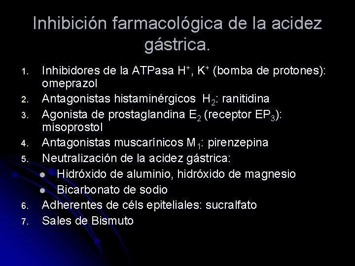 Inhibición farmacológica de la acidez gástrica. 1. 2. 3. 4. 5. 6. 7. Inhibidores