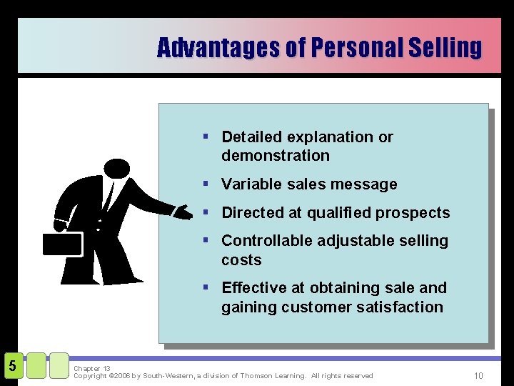 Advantages of Personal Selling § Detailed explanation or demonstration § Variable sales message §