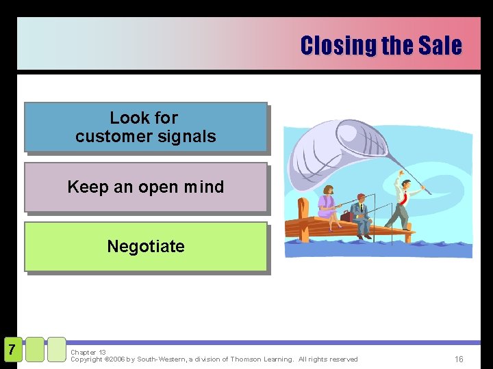 Closing the Sale Look for customer signals Keep an open mind Negotiate 7 Chapter