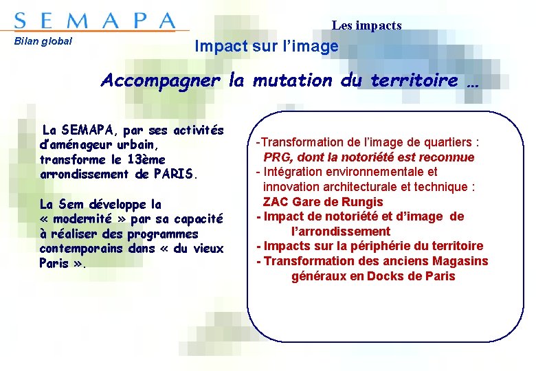 Les impacts Bilan global Impact sur l’image Accompagner la mutation du territoire … La