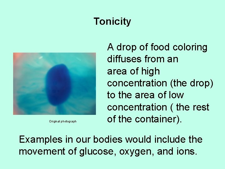 Tonicity Original photograph A drop of food coloring diffuses from an area of high