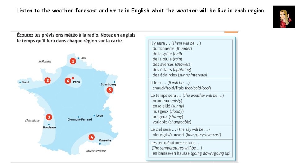 Listen to the weather foresast and write in English what the weather will be