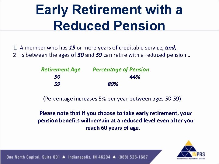 Early Retirement with a Reduced Pension 1. A member who has 15 or more