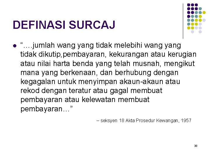 DEFINASI SURCAJ l “…. jumlah wang yang tidak melebihi wang yang tidak dikutip, pembayaran,