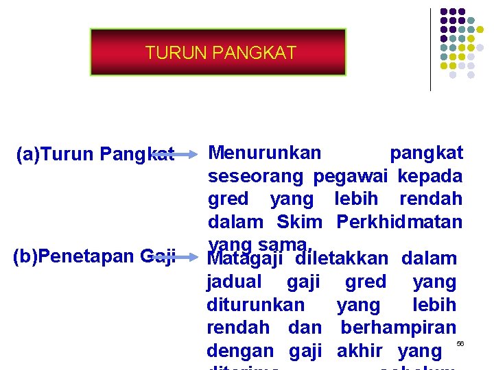 TURUN PANGKAT (a)Turun Pangkat (b)Penetapan Gaji Menurunkan pangkat seseorang pegawai kepada gred yang lebih