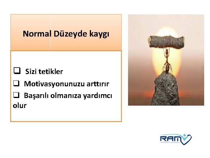 Normal Düzeyde kaygı q Sizi tetikler q Motivasyonunuzu arttırır q Başarılı olmanıza yardımcı olur