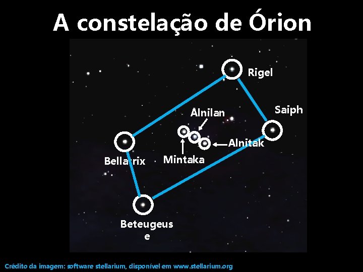 A constelação de Órion Rigel Saiph Alnilan Alnitak Bellatrix Mintaka Beteugeus e Crédito da