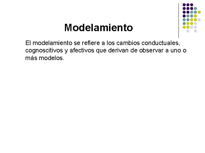 Modelamiento El modelamiento se refiere a los cambios conductuales, cognoscitivos y afectivos que derivan