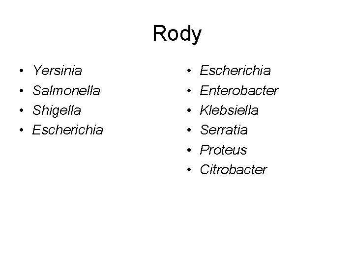 Rody • • Yersinia Salmonella Shigella Escherichia • • • Escherichia Enterobacter Klebsiella Serratia