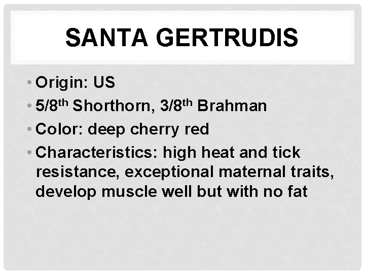 SANTA GERTRUDIS • Origin: US • 5/8 th Shorthorn, 3/8 th Brahman • Color: