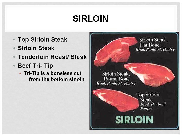 SIRLOIN • • Top Sirloin Steak Tenderloin Roast/ Steak Beef Tri- Tip • Tri-Tip SIRLOIN • • Top Sirloin Steak Tenderloin Roast/ Steak Beef Tri- Tip • Tri-Tip