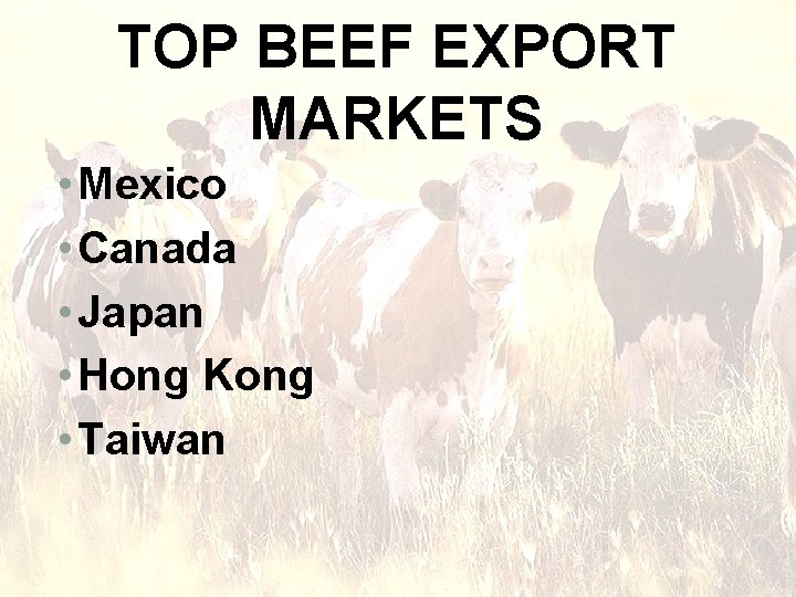 TOP BEEF EXPORT MARKETS • Mexico • Canada • Japan • Hong Kong •