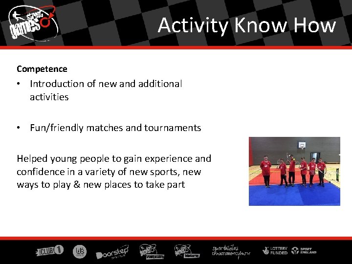 Activity Know How Competence • Introduction of new and additional activities • Fun/friendly matches