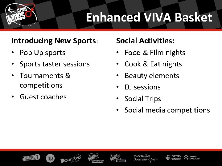 Enhanced VIVA Basket Introducing New Sports: Social Activities: • Pop Up sports • Sports