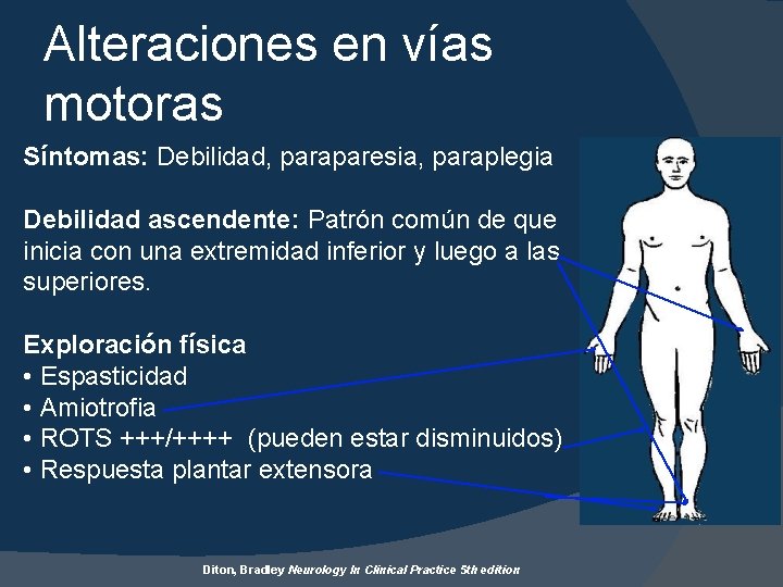 Alteraciones en vías motoras Síntomas: Debilidad, paraparesia, paraplegia Debilidad ascendente: Patrón común de que