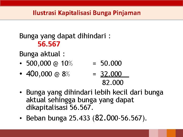 Ilustrasi Kapitalisasi Bunga Pinjaman Bunga yang dapat dihindari : 56. 567 Bunga aktual :