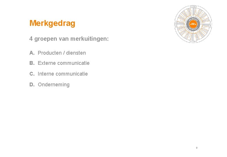 Merkgedrag 4 groepen van merkuitingen: A. Producten / diensten B. Externe communicatie C. Interne