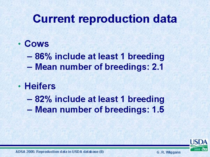 Current reproduction data • Cows – 86% include at least 1 breeding – Mean