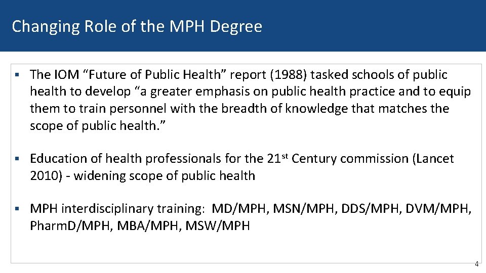 Changing Role of the MPH Degree § The IOM “Future of Public Health” report